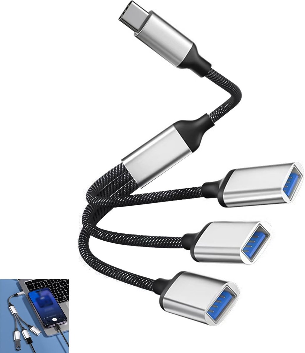 Allecto - USB C Adapter - 3 Ports USB A 2.0 - Compact en gebruiksvriendelijk - Zilver - Type C Splitter - Ideaal voor laptops en smartphones - Ges
