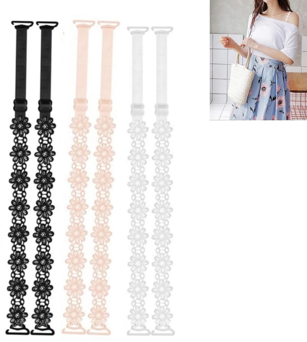 Allecto - BH Harnas - Verstelbare en Antislip Bra Straps - 3 Paar - Elegante bloemenkant - Ideaal voor elke gelegenheid - Kwaliteitsvolle materiale..