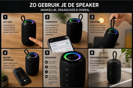 Bluetooth Speaker Draadloos Waterproof - Portable Wireless Speaker met RGB Verlichting, Extra Bass & Bluetooth 5.3 - SWISS — afbeelding 3