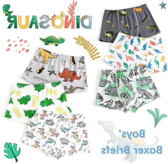 Een set jongensboxers met diverse dinosaurussen en dino-printjes.
