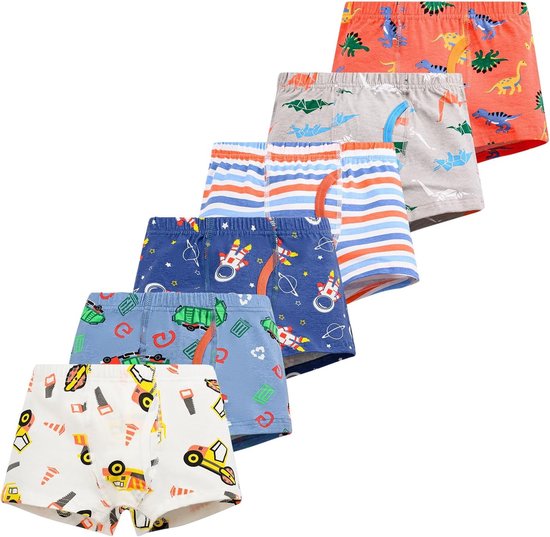 Zes katoenen boxershorts met dinosaurussen, raketten, vrachtwagens en auto's in rood, grijs, blauw en wit.