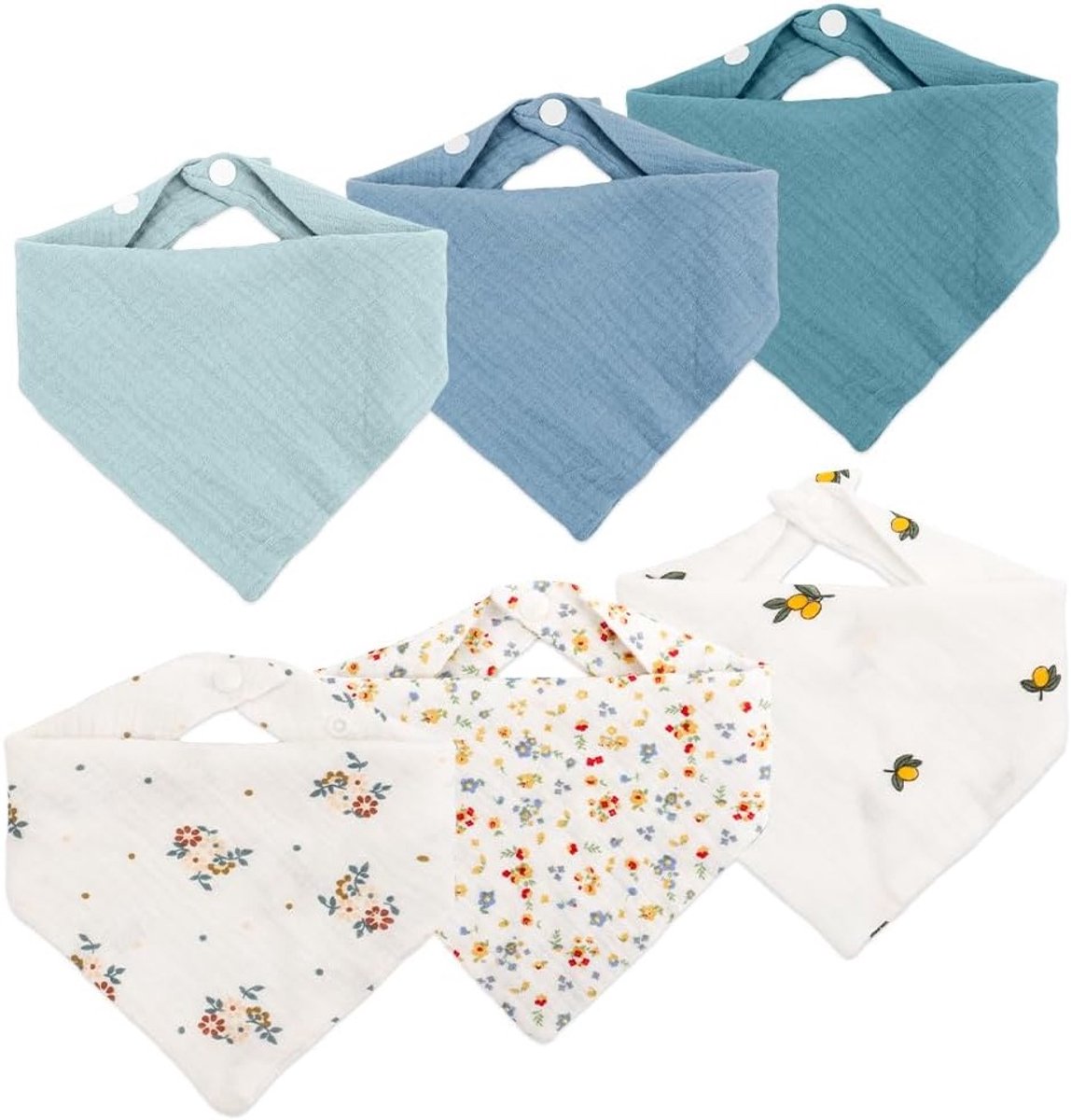 Set van 6 Baby Slabbetjes van Muslin, Verstelbare Drukknopen, Driehoekige Sjaal, Bandana, Slabbetjes voor Pasgeborenen en Baby's, Comfortabel en Ademend