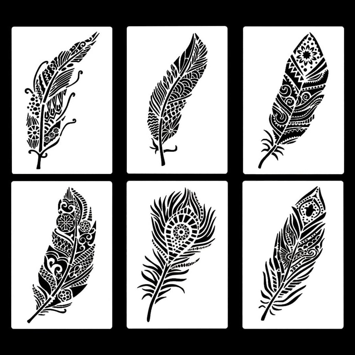 6 Stuks Herbruikbare Sjablonen voor Verf met Veertjes - Creatieve Decoratie voor Vloeren, Muren en Meubels