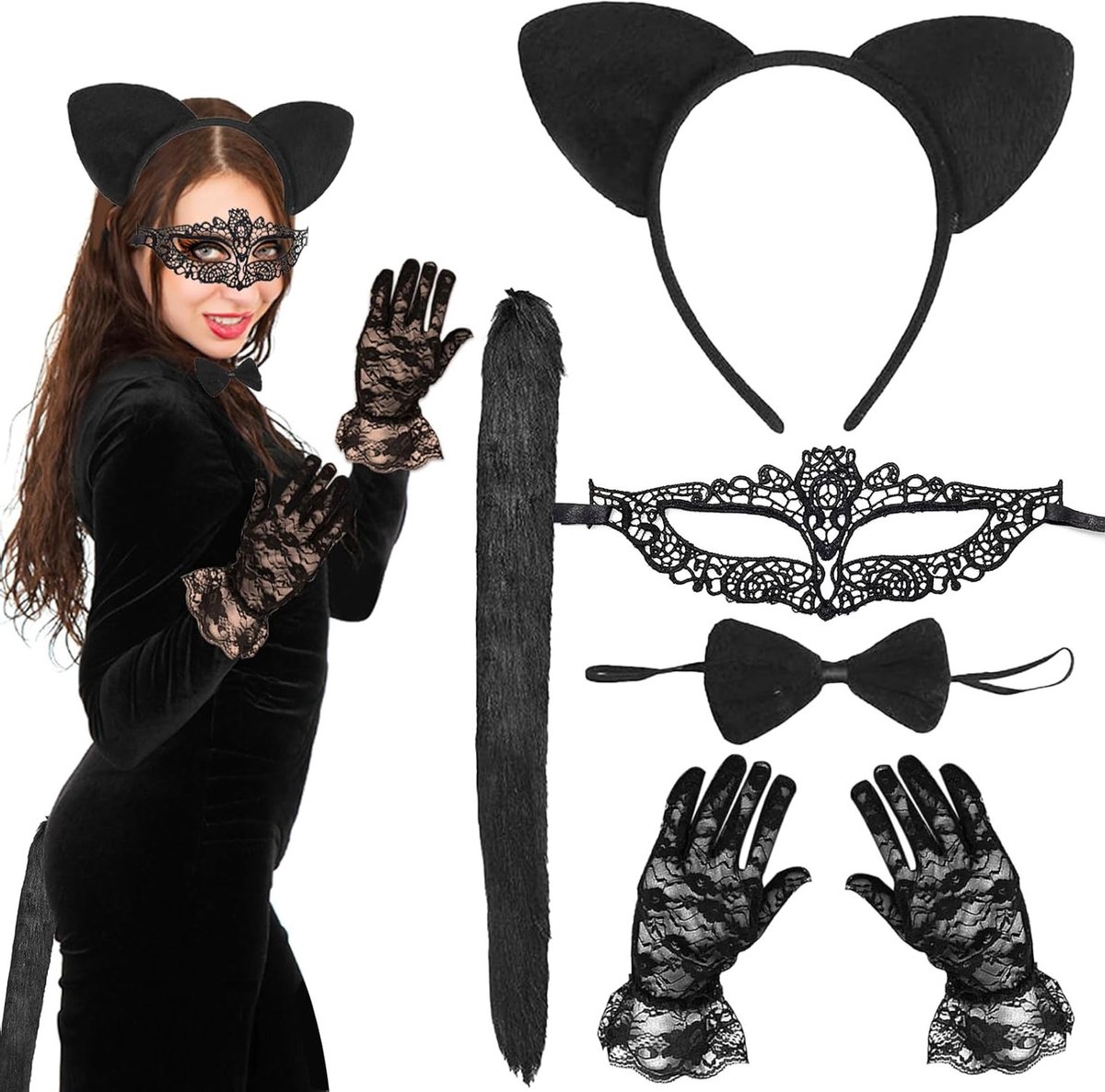 6-delige kattenkostuum set voor vrouwen met oogmasker, kattenoren, strik, staart en handschoenen voor Halloween en carnaval