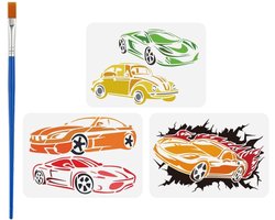 3 Stuks Sportauto Teken Sjabloon met Borstel 29.7x21cm - DIY Decoratie Sjabloon voor Hout, Stof en Meubels, Perfect voor Schilderen en Creatieve Projecten