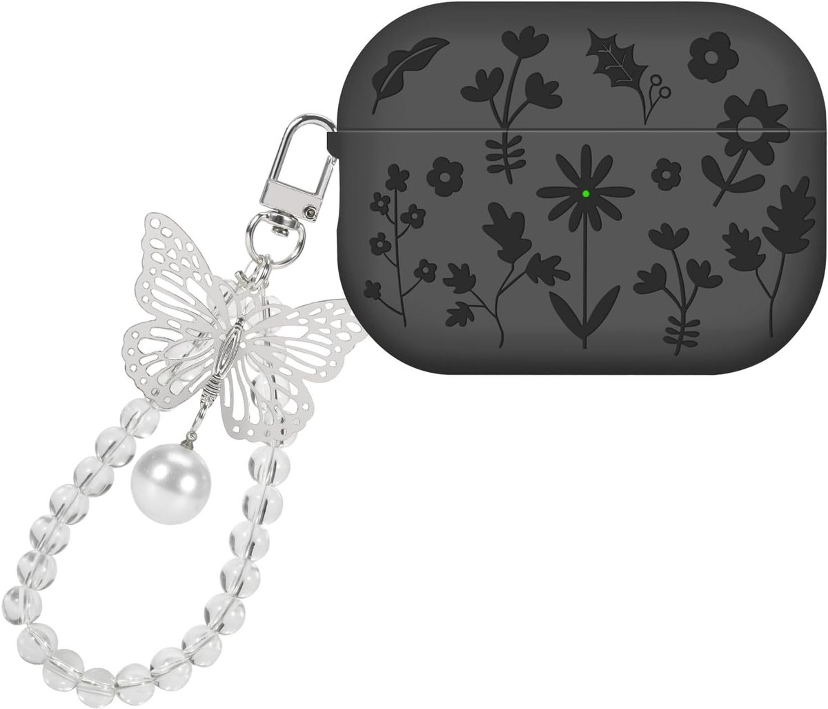 Beschermhoes voor AirPods Pro en Pro 2e Generatie met Vlinder Sleutelhanger, Silikonencase met Gegraveerd Bloemenpatroon, Stof- en Krassenbestendig, Perfect voor Vrouwen