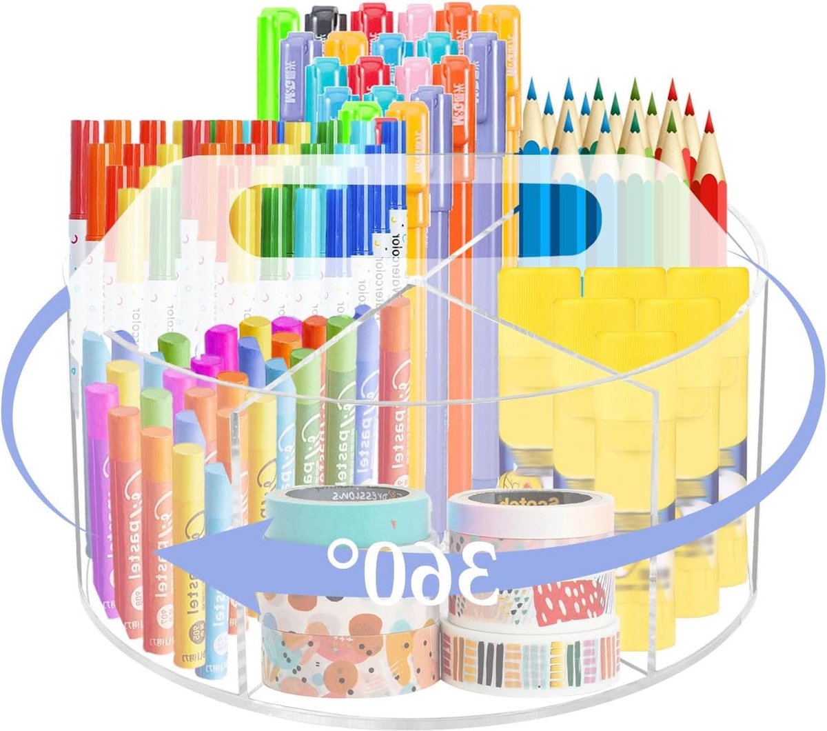 360° Draaibare Acryl Pennen Organizer met 6 Compartimenten en Handvat, Multifunctionele Bureau Organizer voor Kantoorbenodigdheden, Kunstbenodigdheden en Cosmetica (20 x 20 x 10 cm)