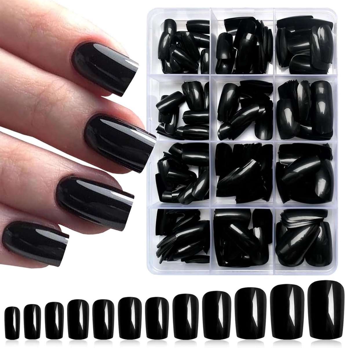 240 Zwarte Press On Nails met Medium Square Tips voor Beginners en DIY Nail Art