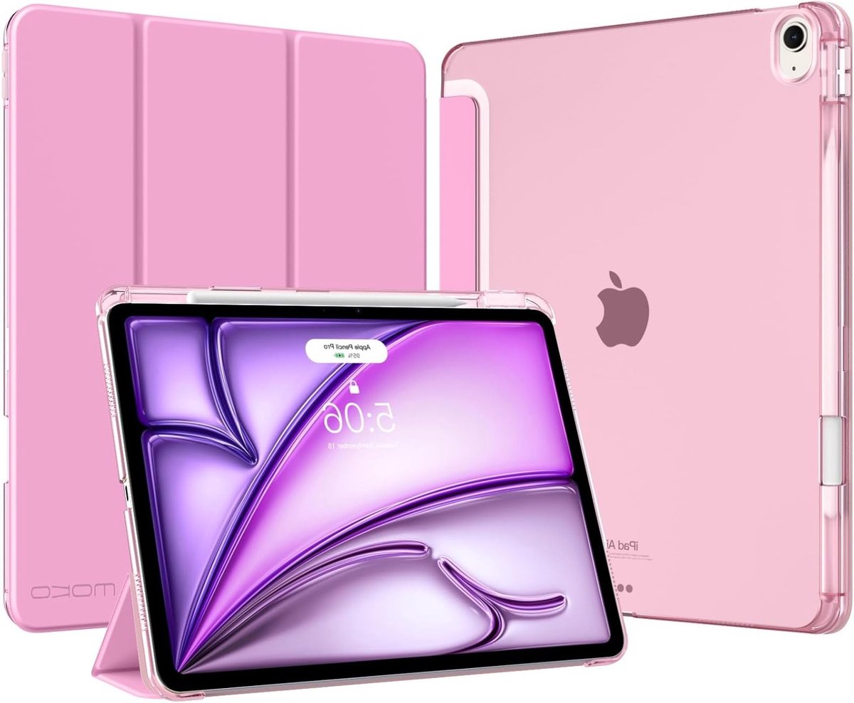 iPad Air 13-Inch Hoes met Pencil Houder, Slimme en Lichtgewicht Trifold Beschermhoes met Harde PC Achterkant, Auto Wake/Sleep, Roze Bloemen Design, Ideaal voor Bescherming en Stijl