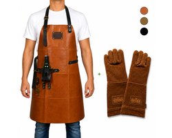 Tablier de BBQ en cuir avec Gants en cuir – Cuir véritable marron clair – Garantie 2 ans – Tablier de cuisine de Luxe pour homme – Tablier de barbecue avec Groot poche, boucle pour serviette et décapsuleur – Pour la Vaderdag, Noël ou un anniversaire