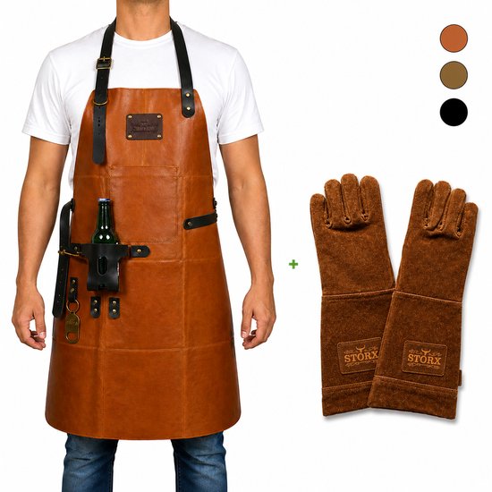Homme en t-shirt blanc avec un tablier en cuir marron et des gants de BBQ en cuir. Tablier avec porte-bouteille et décapsuleur.