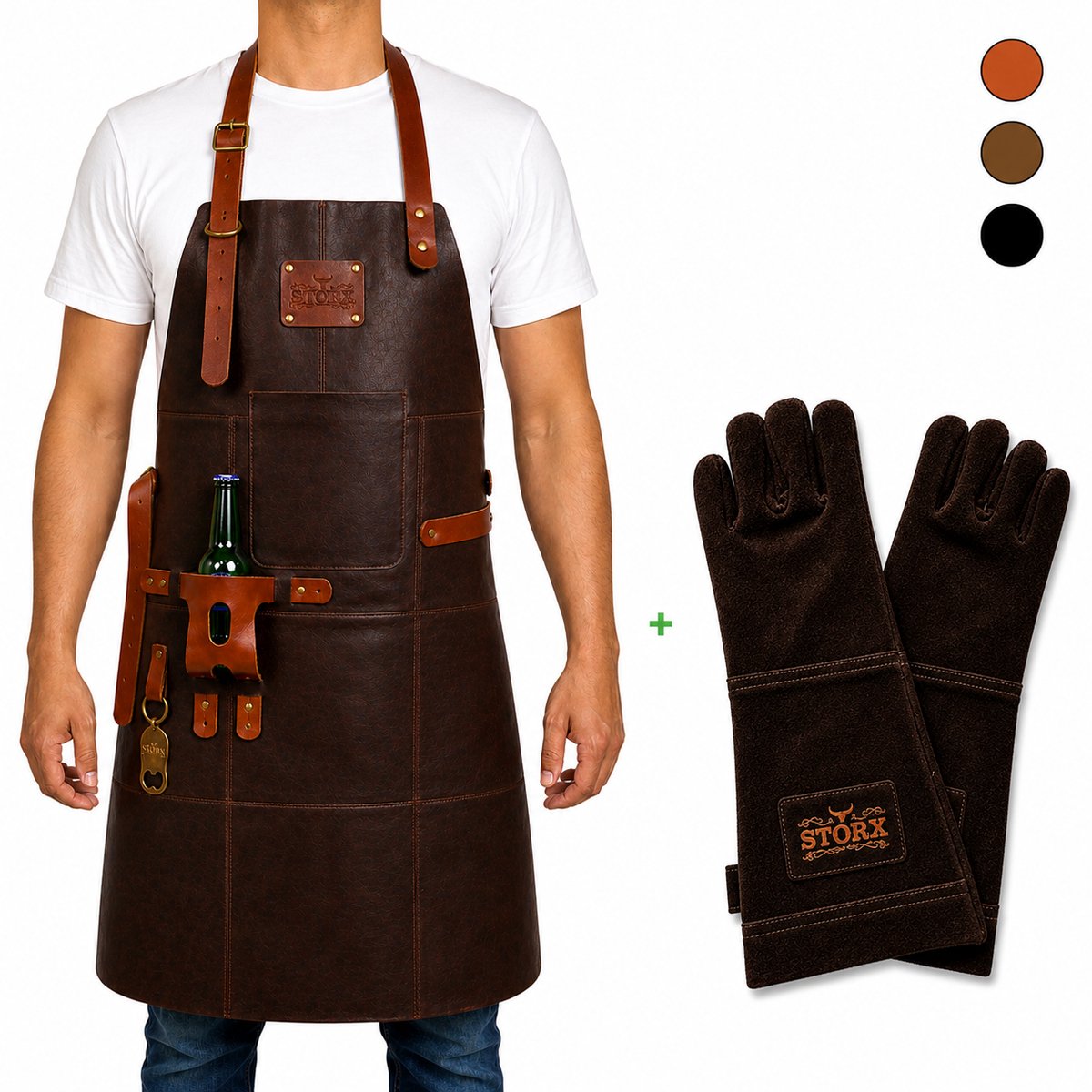 Leren BBQ Schort + Leren Handschoenen – Donker Bruin Echt Leer – 2 Jaar Garantie – Luxe & Stoer Kookschort voor Mannen – Barbecue Schort met Grote Zak, Handdoeklus & Flesopener – Ideaal Cadeau voor Vaderdag, Kerst of Verjaardag