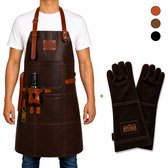 Leren BBQ Schort + Leren Handschoenen – Donker Bruin Echt Leer – 2 Jaar Garantie – Luxe & Stoer Kookschort voor Mannen – Barbecue Schort met Grote Zak, Handdoeklus & Flesopener – Ideaal Cadeau voor Vaderdag, Kerst of Verjaardag