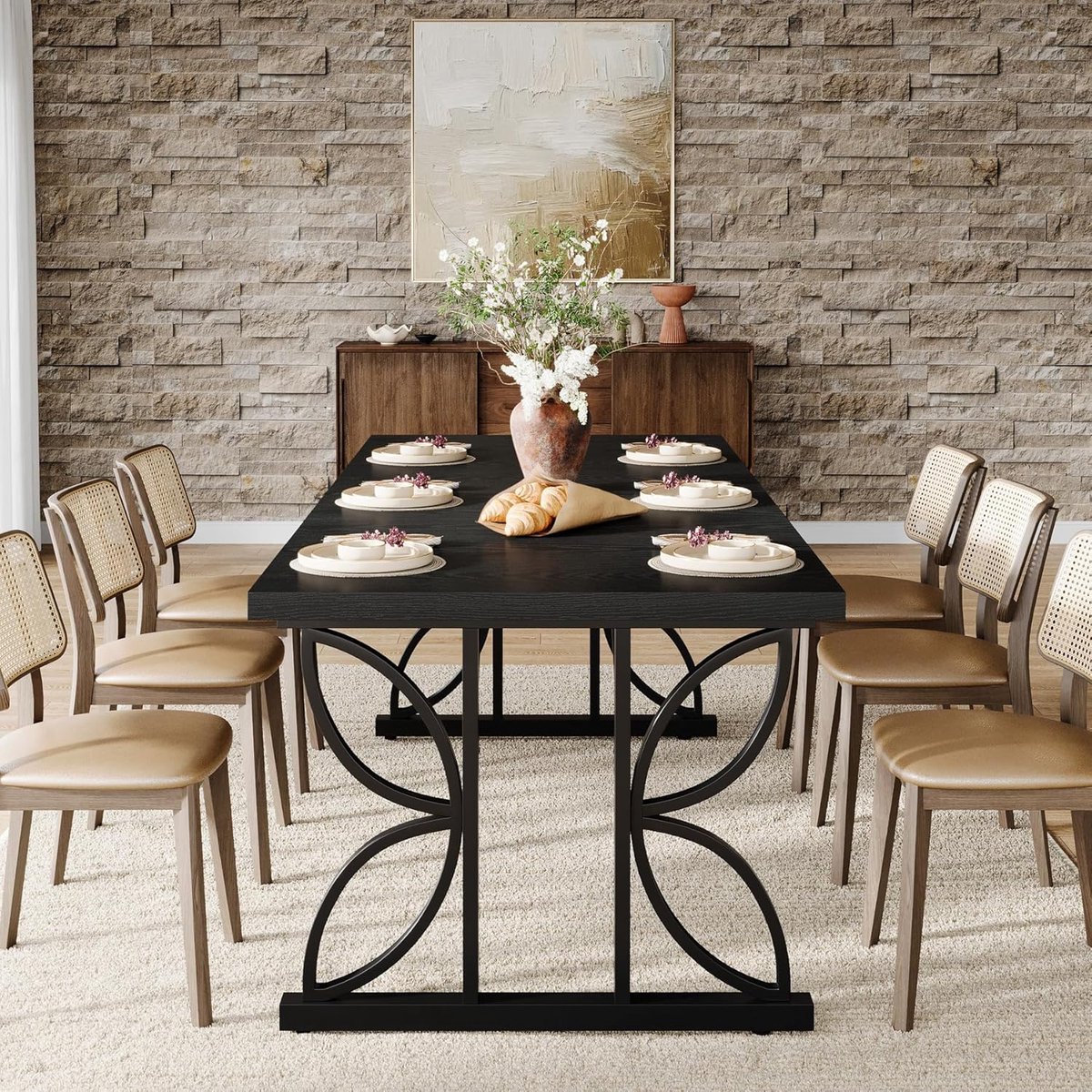 Rechthoekige Eettafel 180 cm – Industriële Keukentafel voor 6-8 Personen – Zwarte Design Eetkamertafel met Metalen X-Poot voor Woonkamer en Keuken – Dader