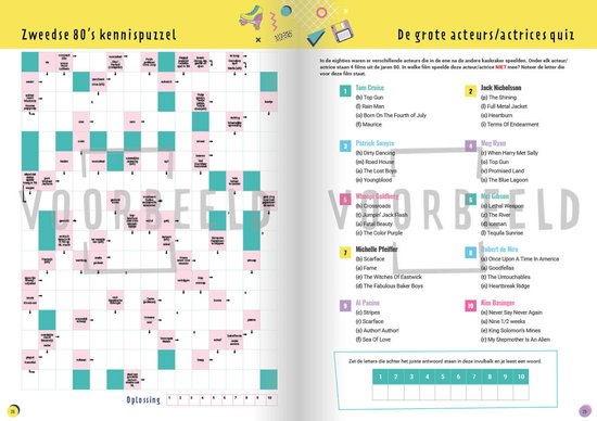 Pagina uit "Het Onwijs Gaaf Jaren 80 DoeBoek" met een "Zweedse jaren 80 kennispuzzel" en "De grote acteurs/actrices quiz".