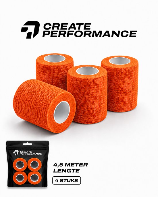 Quatre rouleaux de bandage orange Create Performance, 4,5 mètres de long, 4 pièces dans un sac.