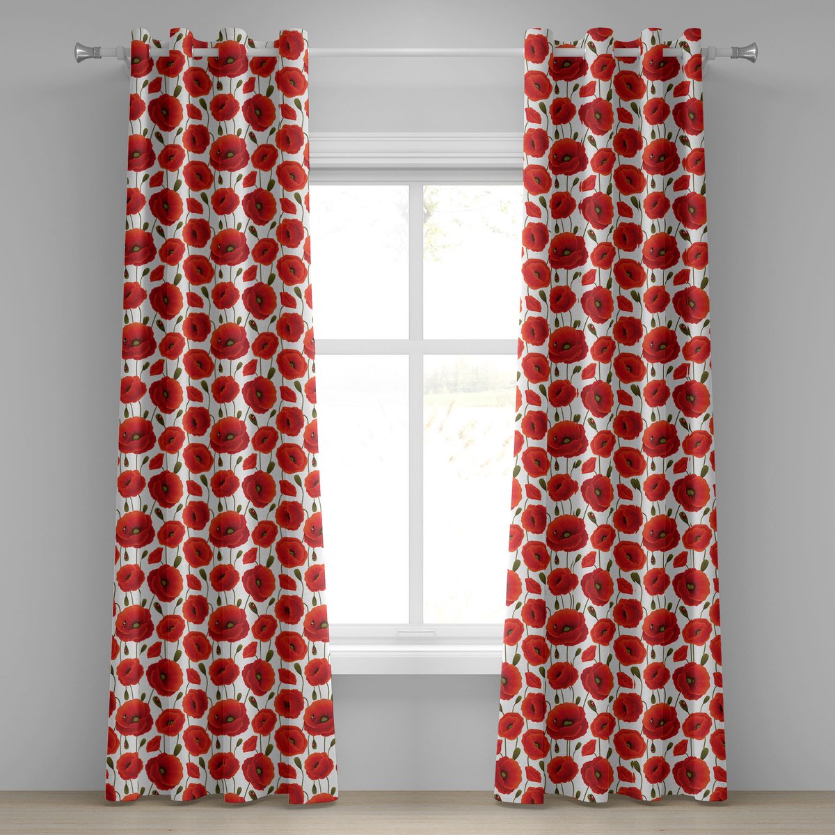 ABAKUHAUS Poppy Eyelet gordijn, Bloembloem Lente, Decoratieve 2-Paneel Raamgordijnen voor de Slaapkamer Woonkamer, 280 cm x 225 cm, oranje groen wit