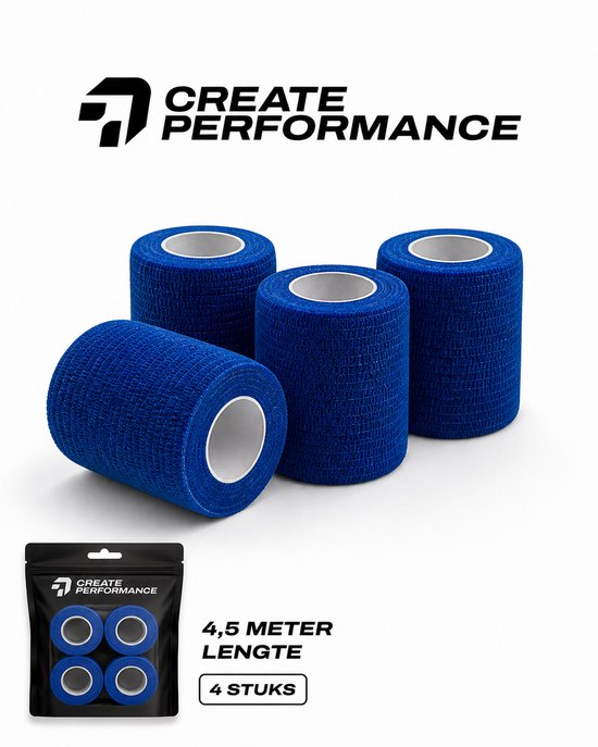 Quatre rouleaux de ruban de sport bleu auto-adhésif, avec le logo CREATE PERFORMANCE. 4,5 mètres de long, 4 pièces.