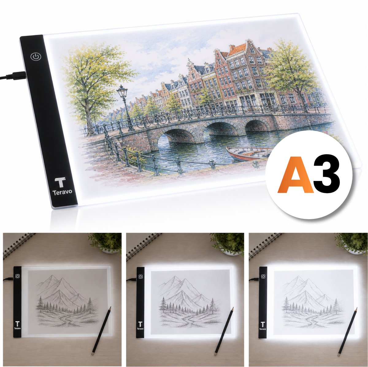 Teravo LED Tekentablet A3 - Ultradunne Light Pad - 3 Standen Verstelbare Helderheid - Ideaal voor Tekenen/Schetsen/Overtrekken - USB-C Inbegrepen