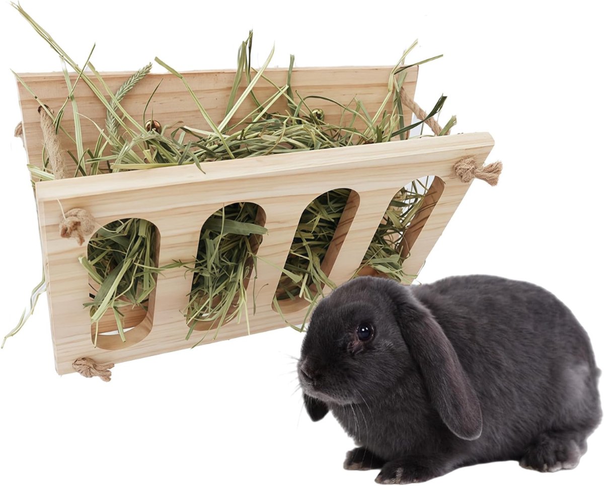 HEZIVO® Hooiruif Konijn - Hooihouder Knaagdieren - Voederrek Cavia - Hangend - Hout