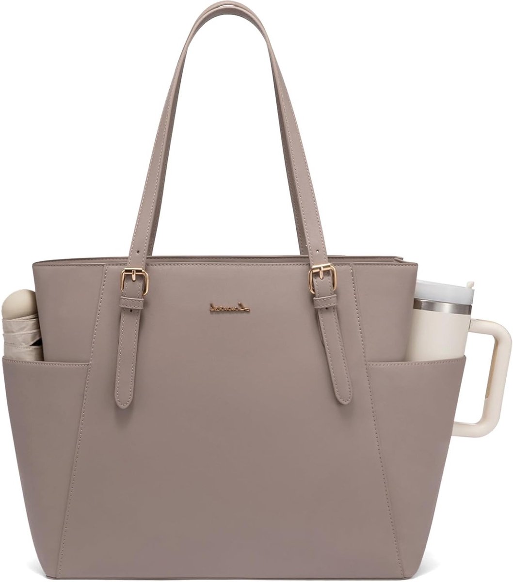 Grote Handtas voor Vrouwen van PU Leer, Geschikt voor Laptop, Werk, Onderwijs en Reizen - Stijlvolle Shopper in Poederroze met Ruimte voor Waterfles