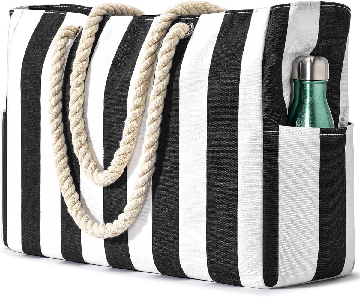 Grote waterdichte strandtas met rits en nas pocket, ideaal voor vrouwen, met strepen design