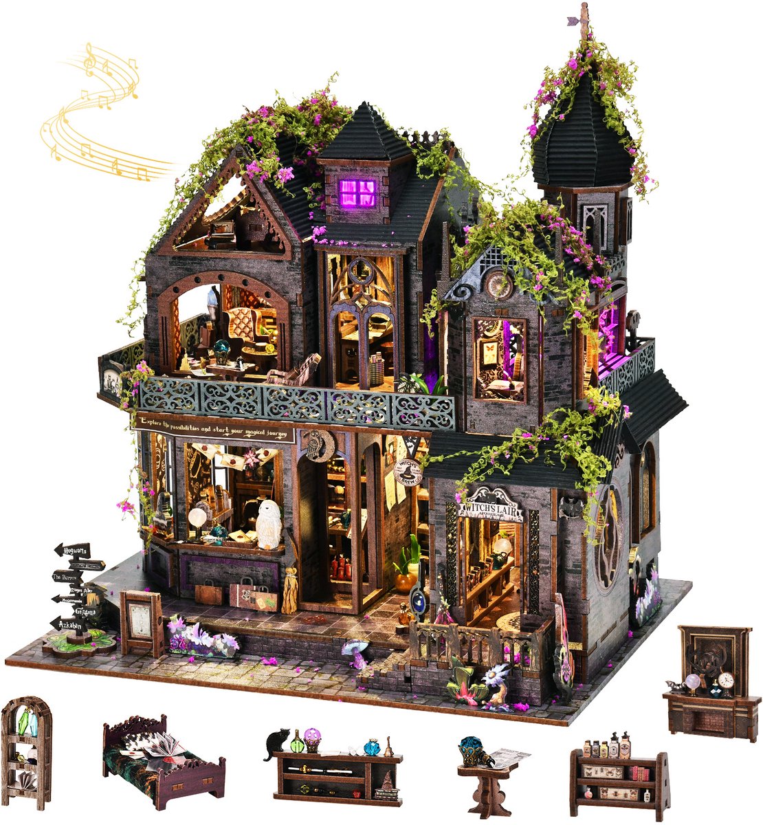 Premium Miniatuur XXL bouwpakket (Extra groot) - DIY Houten 3D Puzzel Magic House met LED Verlichting, Bewegingssensor & Muziekdoos – Book Nook Boekensteun Miniatuur Bouwpakket – Cadeau voor Volwassenen (15+) — afbeelding 2