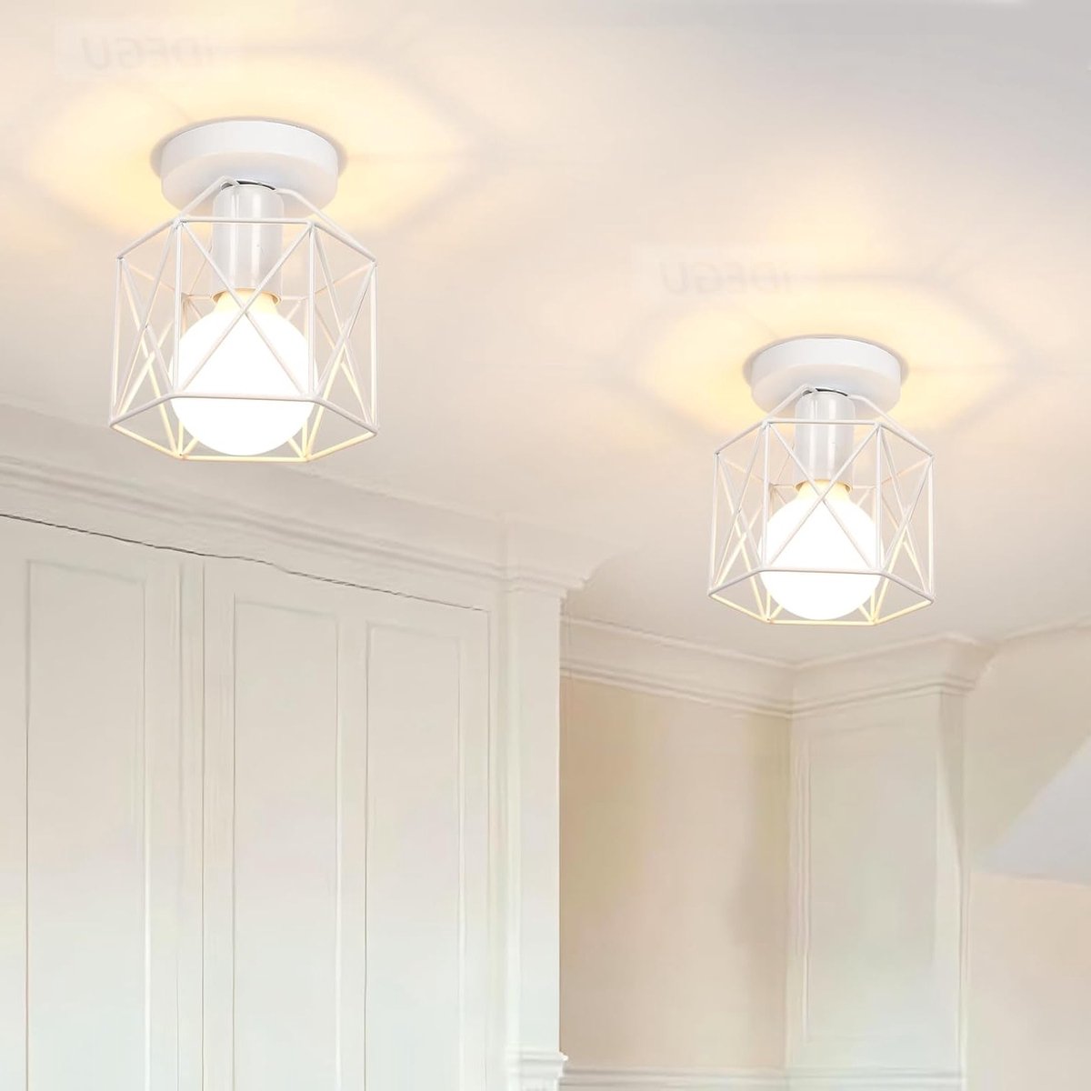 Industriële plafondlamp met metalen kooi, vierkant ontwerp, E27 fitting, 40W, set van 2 voor woonkamer, slaapkamer en bar