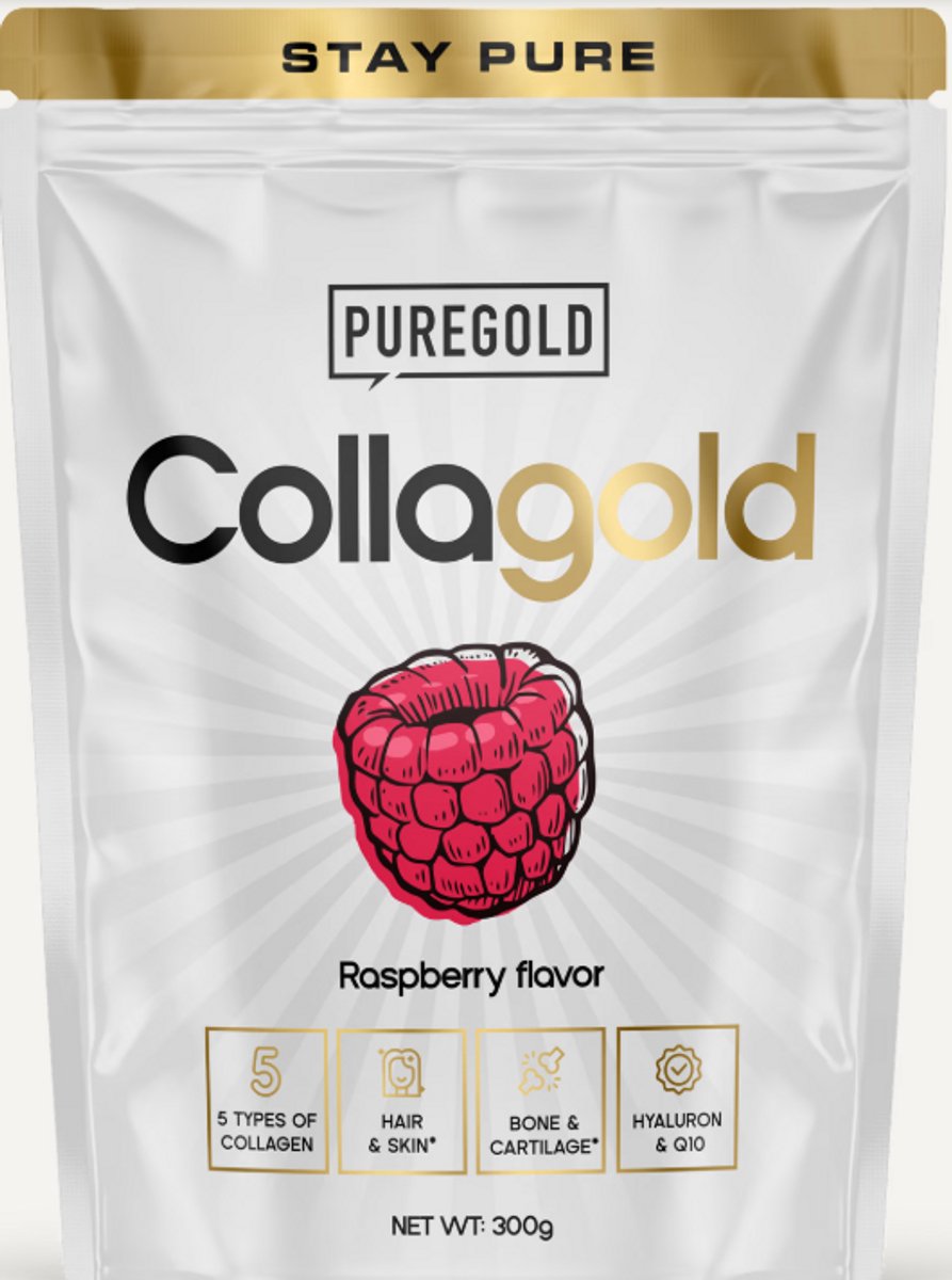 Pure Gold CollaGold Collageen Poeder – 300g – 25 Porties – 5 Types Collageen met Hyaluronzuur, Q10, Vitamine C & Zink – Framboos