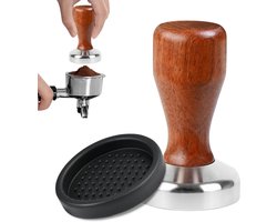 Robuuste 51 mm koffietamper van roestvrij staal met houten handvat en siliconen mat voor espresso en koffie liefhebbers