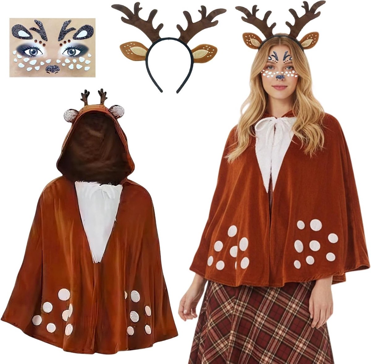 Volwassen rendier kostuum voor vrouwen met poncho en capuchon, inclusief gewei haarband en glinsterende gezichtstatoeages voor carnaval en kerstfeesten