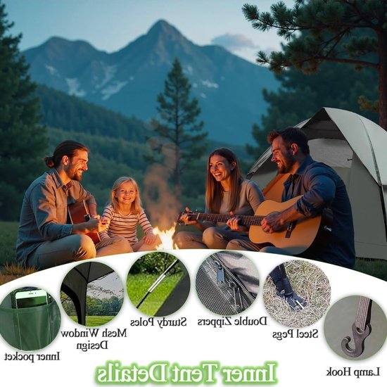 Kampeertent 3 Personen - Lichtgewicht Tent - Outdoor Activiteiten - Waterdicht Winddicht - 217 x 155 cm - Legergroen — afbeelding 4