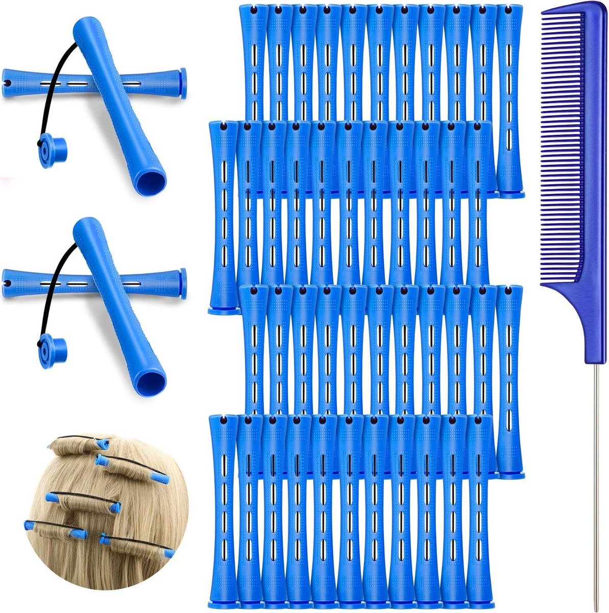 48 Blauwe Plastic Cold Wave Rods, 0.35 Inch/1cm Haar Permanent Staven met Stalen Ratstaart Kam voor Krullen