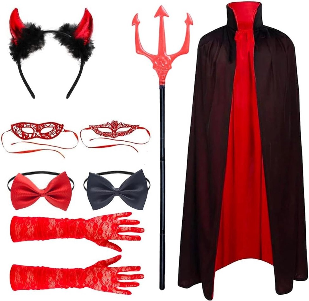 8-delig duivels kostuum voor dames, Halloween outfit met duivels hoorns, cape, handschoenen en oogmasker