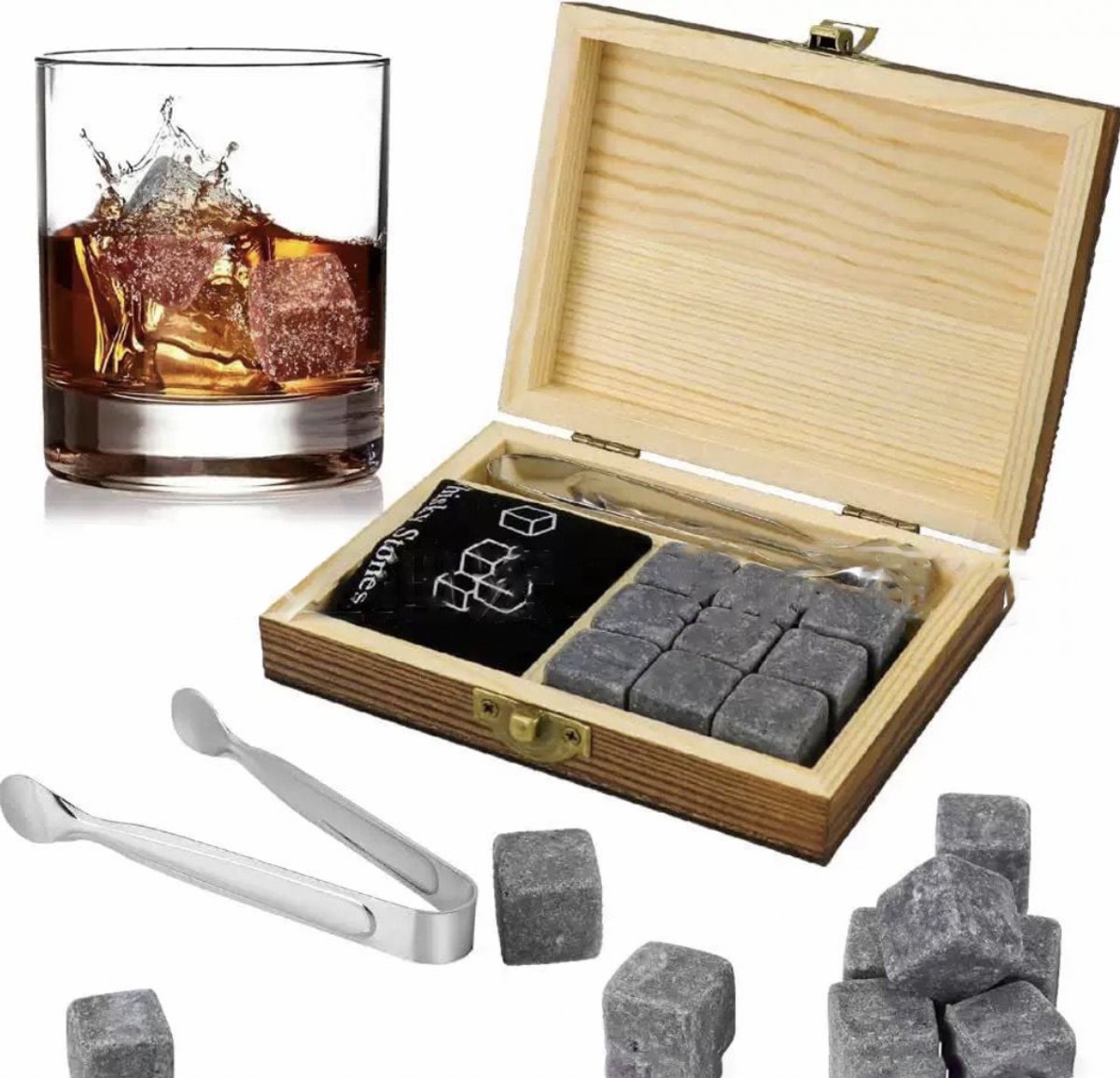 ZYLARO Whiskey Stones Set - 9 stuks - Herbruikbare IJsblokjes - Inclusief ijsclips, opbergtas en elegante houten verpakking