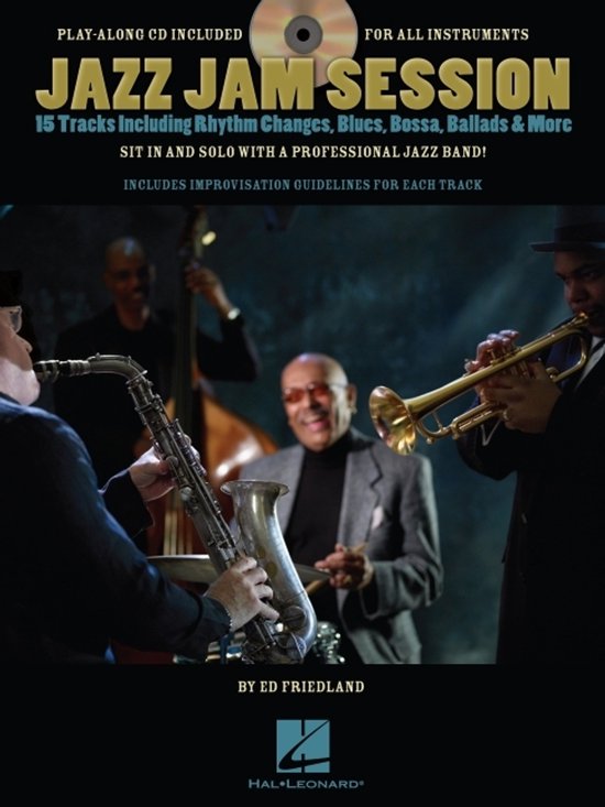 Livre "Jazz Jam Session" avec CD. Un groupe de musiciens joue du jazz avec saxophone, trompette et contrebasse.