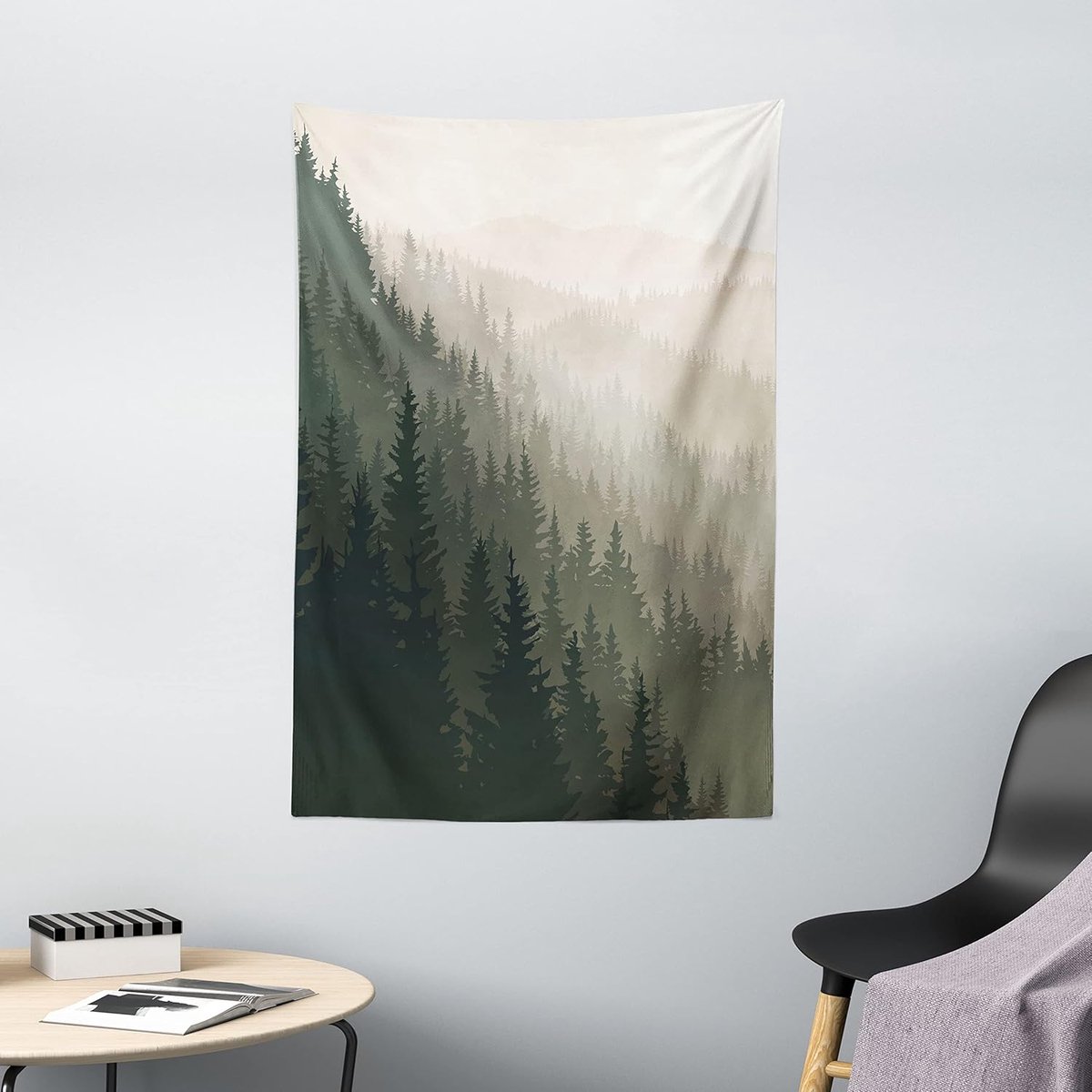 ABAKUHAUS Boswandtapijt, Scandinavische natuur, woonkamer slaapkamer wanddoek zijdezacht satijn wandtapijt, 100 x 150 cm, donkergroene crèmekleurige tan Donkergroene Cream Tan