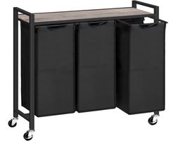Wasmand met 3 uittrekbare oxfordzakken, legplank, metalen frame en wieltjes, Grijs 84x30x76,5cm, verrijdbaar voor badkamer en slaapkamer