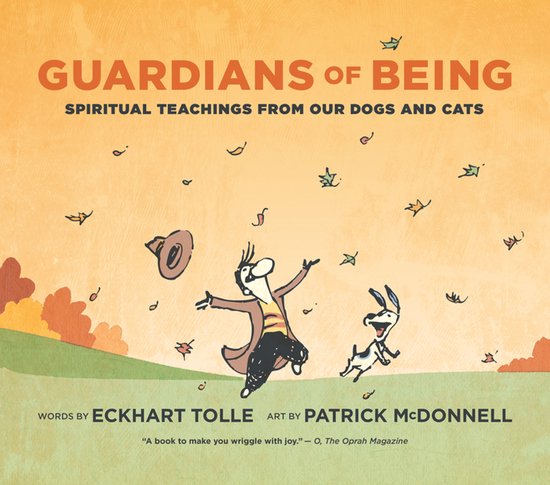 Boekomslag voor 'Guardians of Being', met illustraties van een vrouw en een hond die spelen onder vallende bladeren.