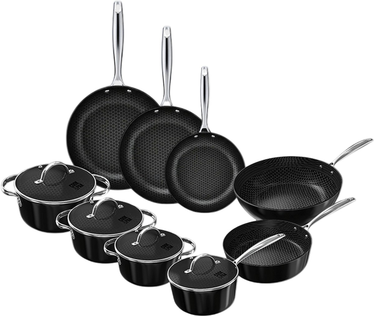 Cook & Pan Honey 9-Delige Pannenset Zwart - PFAS vrij - Geschikt voor Inductie - Pannen Set met 7 jaar Garantie - Krasbestendige Anti Aanbaklaag - Vaatwasserbestendig - Koekenpan, Wokpan, Steelpan, Hapjespan, Kookpot
