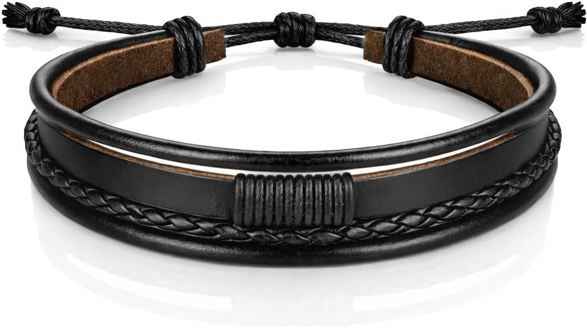 Heren Armband Leer - Knoop Armband - Dagelijks Gebruik - Verstelbaar Touw - 19-23cm - Zwart