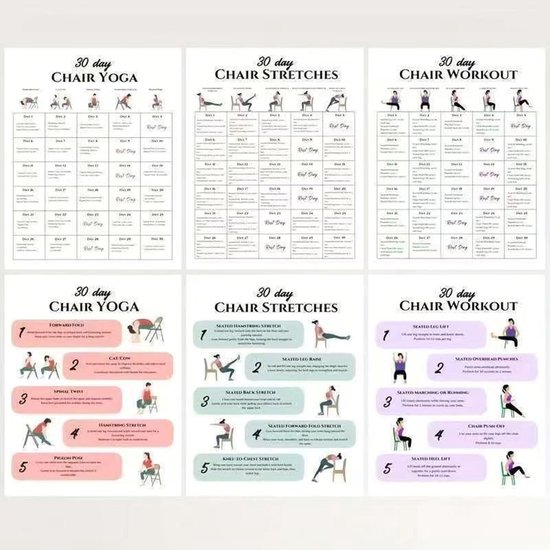 Yoga Posters Set - Oefening Gids - Mobiliteit Verbeteren - Stoel Yoga - Zes Delig - Meerkleurig — afbeelding 4