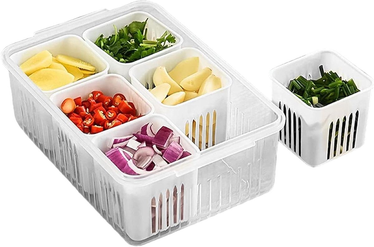 Voedselopslagcontainers - Fruit bakken - Koelkast organiseren - 6-in-1 ontwerp - 1 grote 6 kleine - Doorschijnend Wit