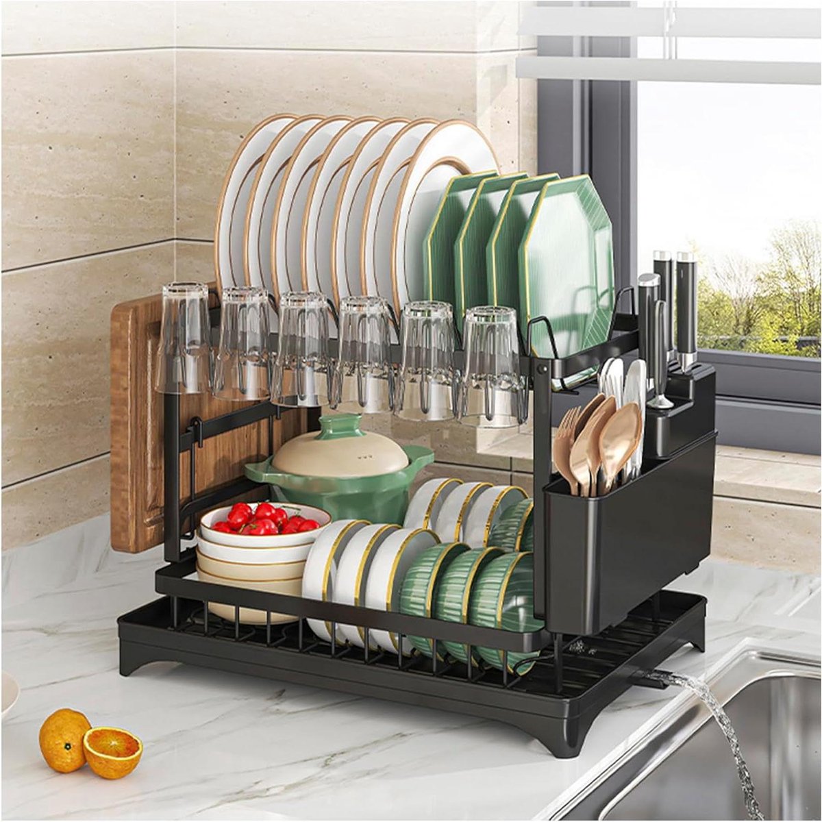 Afdruiprek met 2 lagen - Keukenrek Vaat - Vaat Drogen - Automatische Afvoer - 42x30x29 cm - Zwart