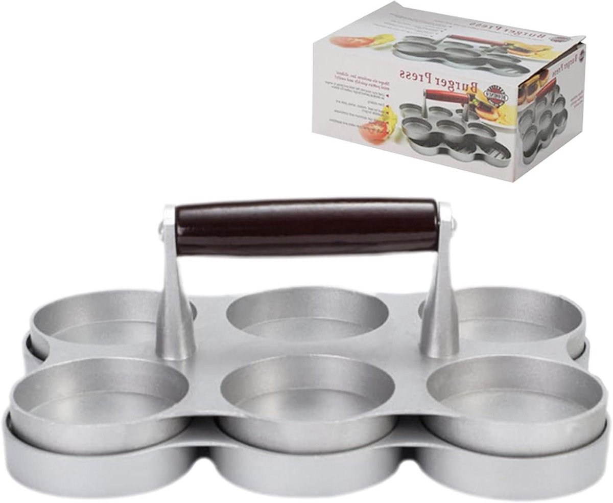 Pasteien Maker - Burger Pers - Keuken Gebruik - 6 Pasteien Tegelijk - 23 cm Diameter - Zilver