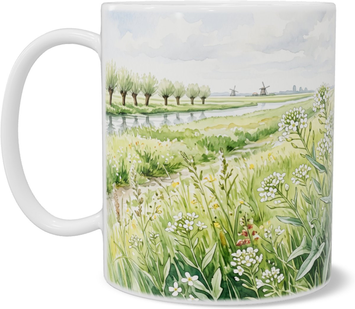Mok pijlkruidkers Lepidium draba in weelderig groen polderlandschap met molen aquarel