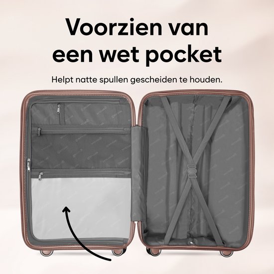 Open koffer met een natvak aan de linkerkant en spanbanden aan de rechterkant. Tekst 'Voorzien van een wet pocket'.