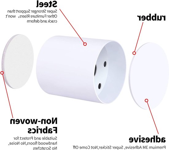 Verhoog je Meubels met Stevige Bedverhogers, 6 cm Hoogte, Vloerbescherming en Sterke Ondersteuning, Set van 4 (Wit, Rond) — afbeelding 2