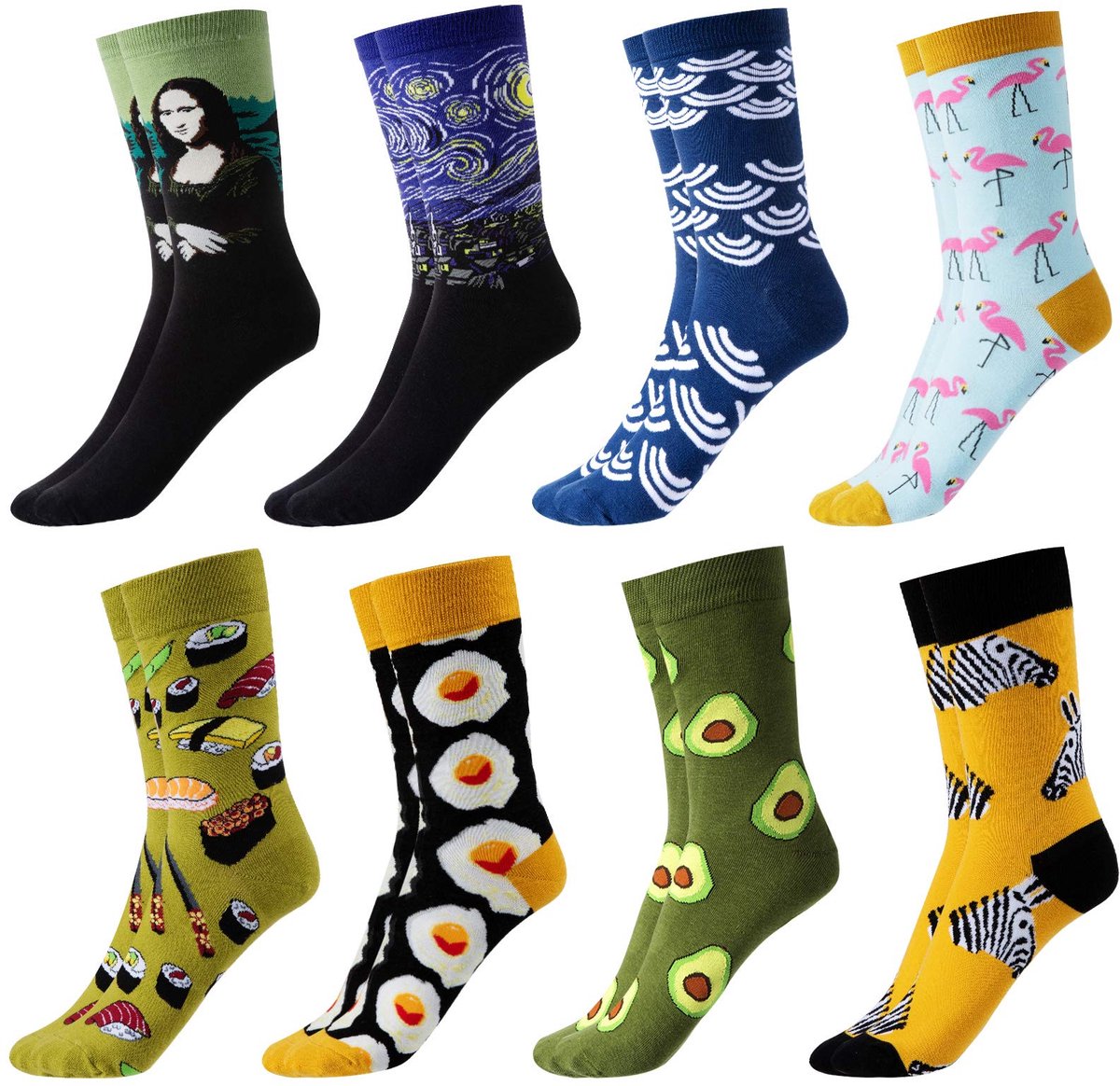 Dreamhigh® Grappige en Kleurrijke Herensokken – 8 Paar Kleurrijke - Casual Sokken met Patroon – Trendy Crew Sokken voor Heren – Sokken met Leuke Motieven – Zakelijke Herensokken
