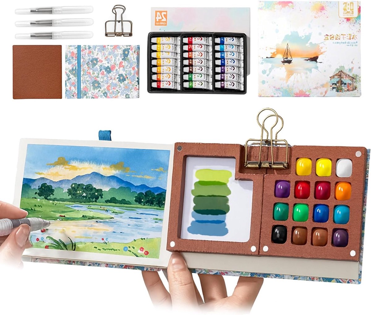 Complete Waterverf Set voor Reizigers - Inclusief Paletten, Waterverfpapier en Klemmen voor Kunstenaars en Studenten, 8 Grids en Houten Accessoires